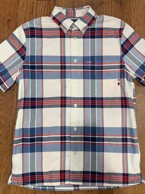 Vintage Tommy Hilfiger Men’s Oxford Shirt M Plaid Short Sleeve Red Blue White